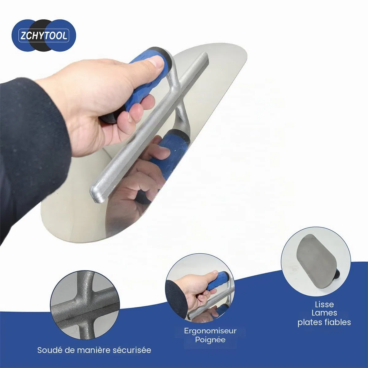 Truelle de lissage ronde en acier inoxydable - 380 x 125 mm - Poignée en caoutchouc - Truelle de nettoyage - Outil de nettoyage pour béton - Outil de lissage et de traitement de