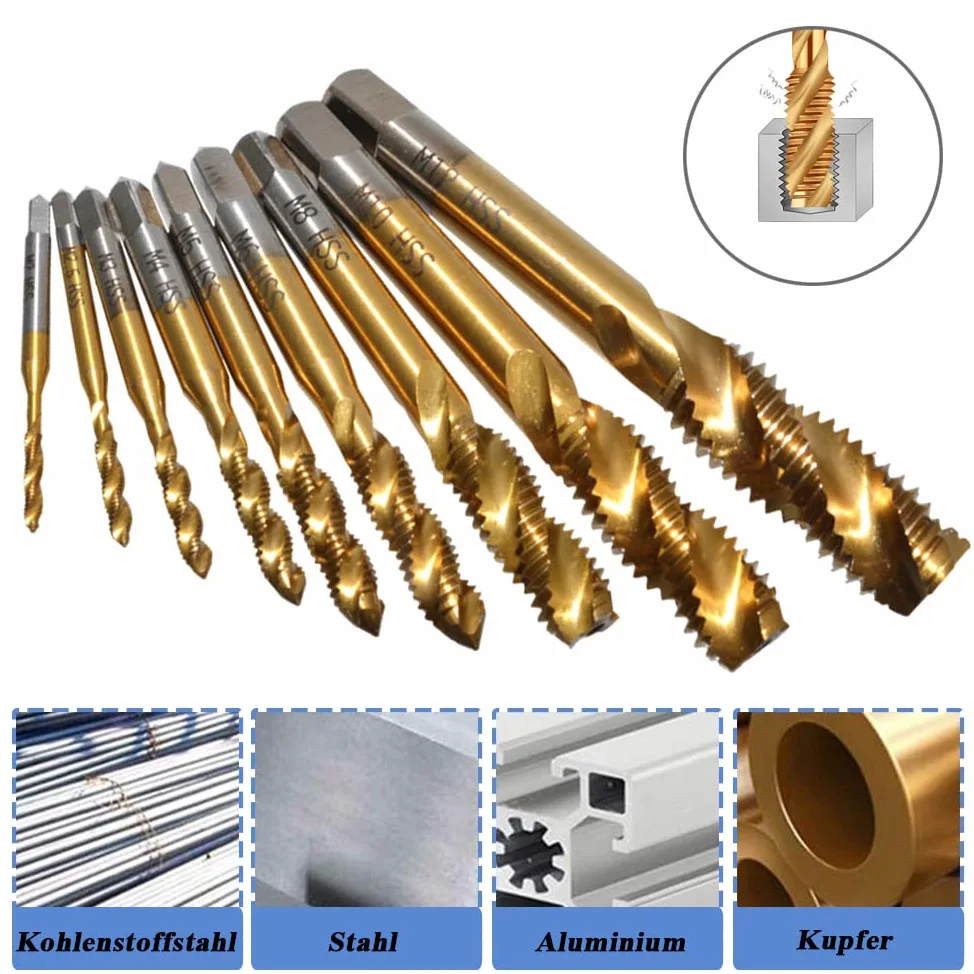 Mesee Lot de 9 tarauds hélicoïdaux HSS revêtus de titane - Pour machine à filetage métrique - M2 M2.5 M3 M4 M5 M6 M8 M10 M12