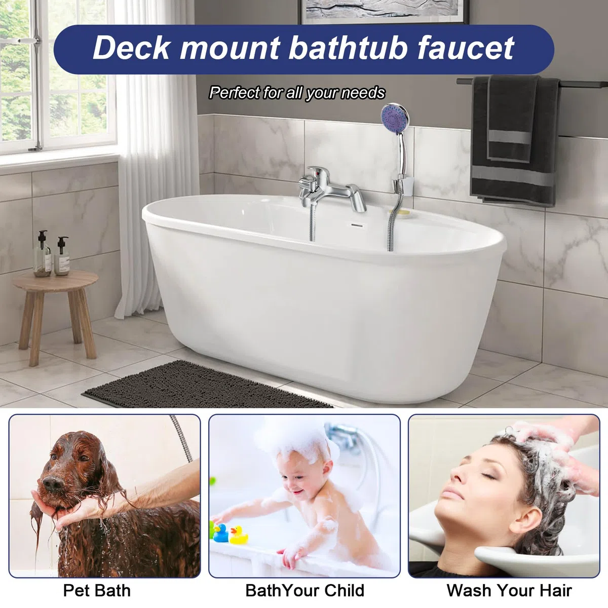 Robinets de baignoire avec pommeau de douche à main et tuyau de 1,5 m | Robinet de baignoire à montage sur plate-forme à poignée unique. Ensemble de remplissage pour baignoire et douche