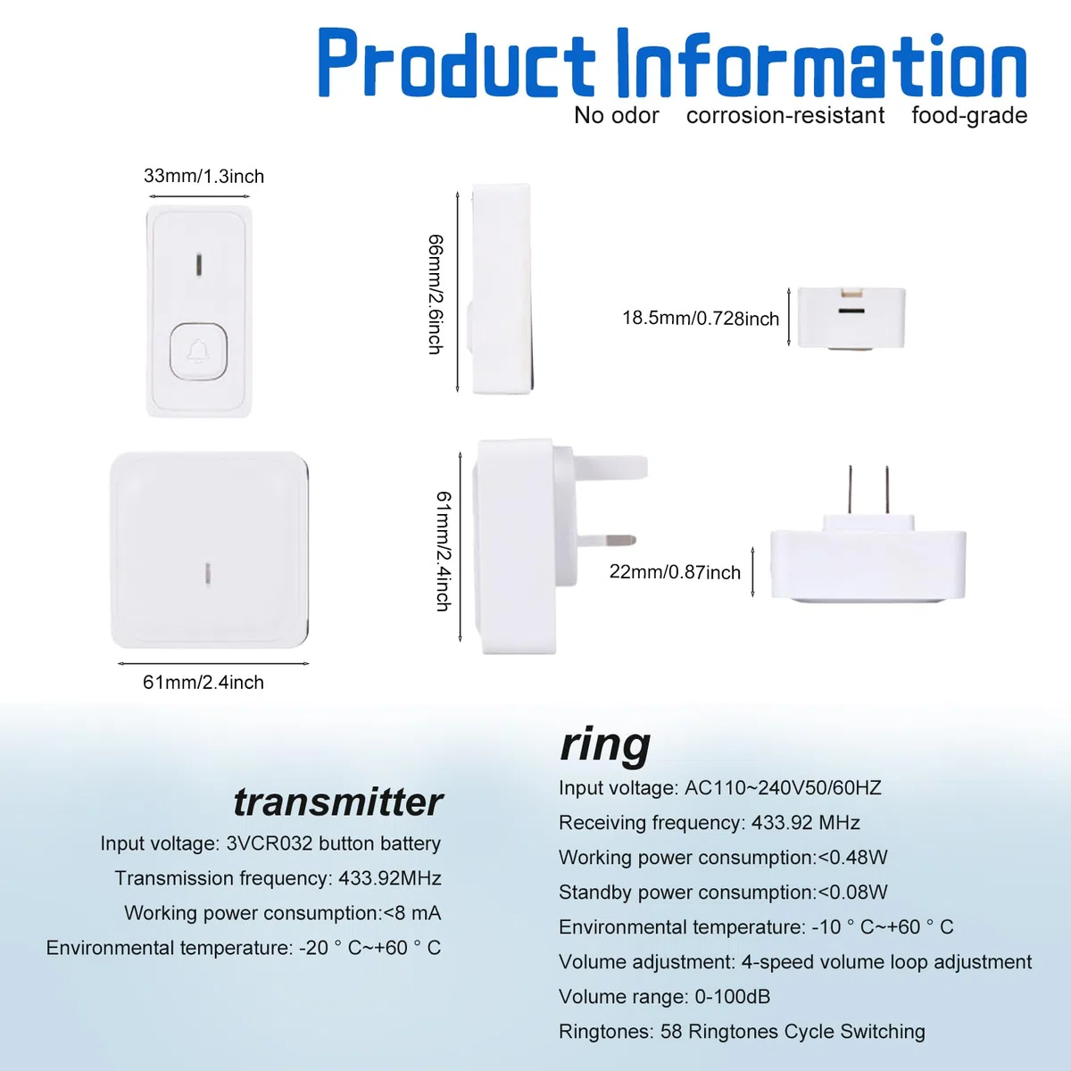 Kit sonnette de porte sans fil avec 2 récepteurs et 1 émetteur - Sonnette de porte étanche à l'extérieur - Portée de 300 m - 58 mélodies - 4 niveaux de volume - Avec flash LED (blanc)