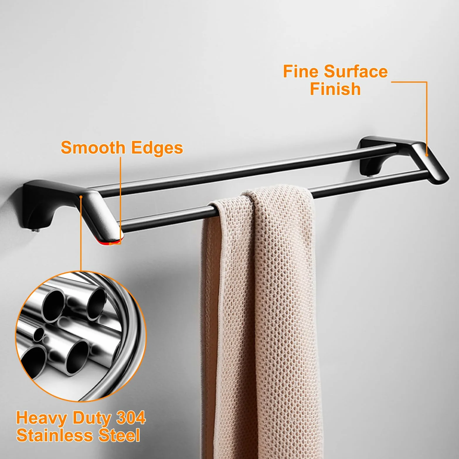Double Barre Porte-Serviettes de Bain 60CM Porte Serviette à Deux Bras en Acier Inoxydable Porte-Serviettes Mural Range Serviettes pour Salle de Bain ou Cuisine (Noir)