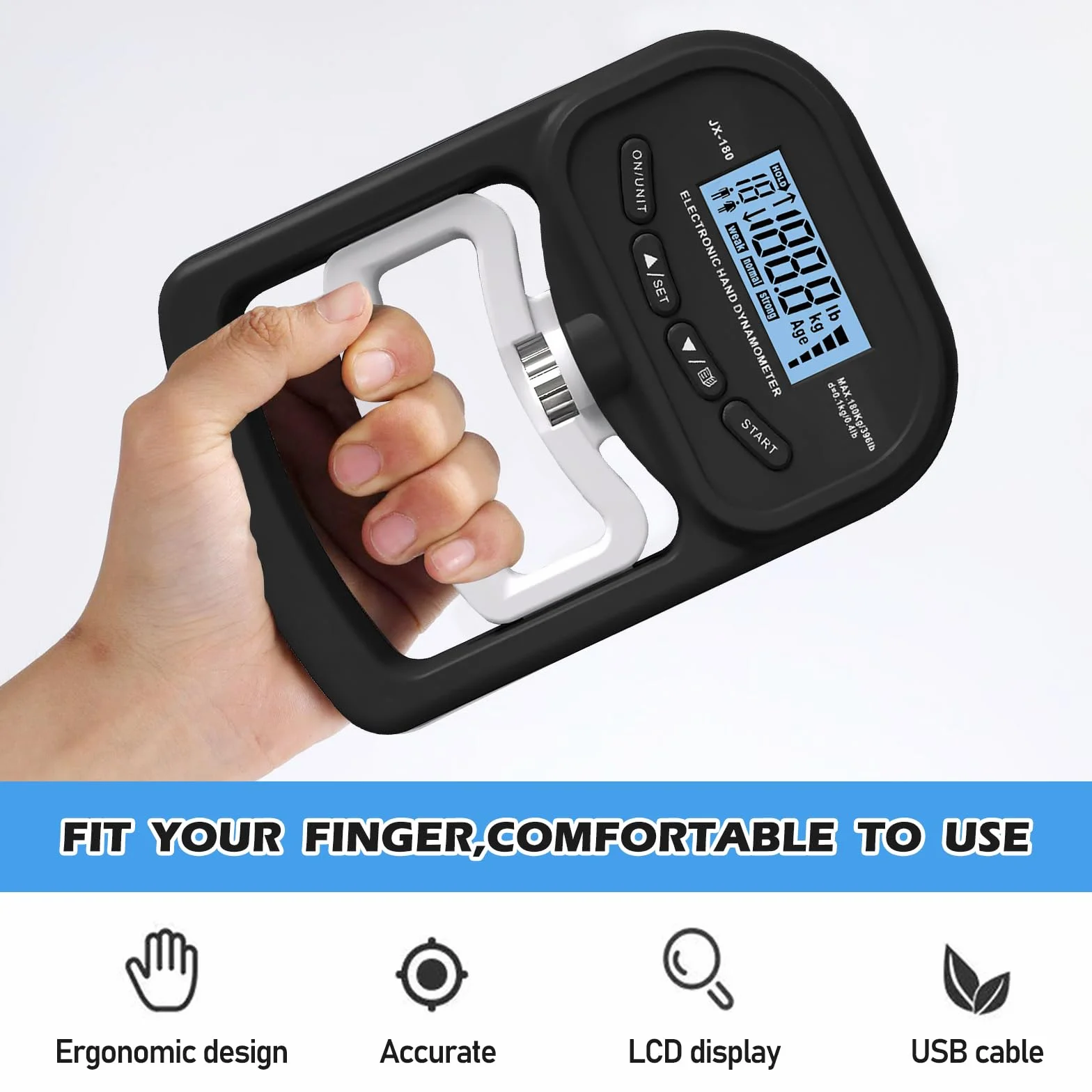 Vegena Dynamomètre de Force Manuelle, 198 Livres/90 Kilogrammes, Dynamomètre de Préhension avec Affichage LED et Câble de Chargement USB, Appareil de Mesure de La Force de La Main