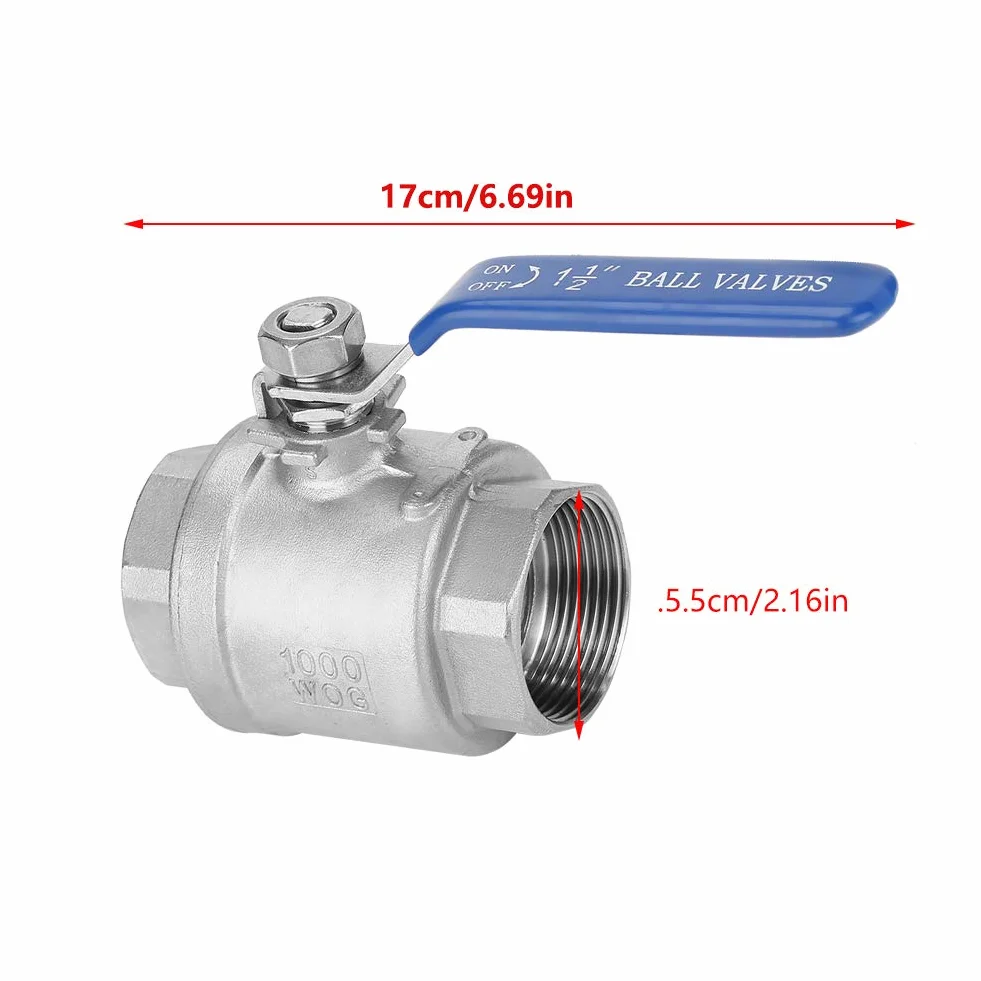 Robinet à boisseau sphérique à filetage femelle, deux pièces, en acier inoxydable 304, DN40, 1 1/2 po, 1 000 WOG