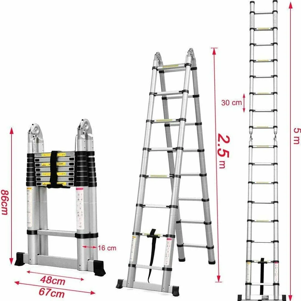 Marchepieds escamotables, échelle Télescopique, Escabeau Telescopique Pliable, Echelle Escamotable en Métal, Charge Max 150 kg (5M (2,5M + 2,5M))