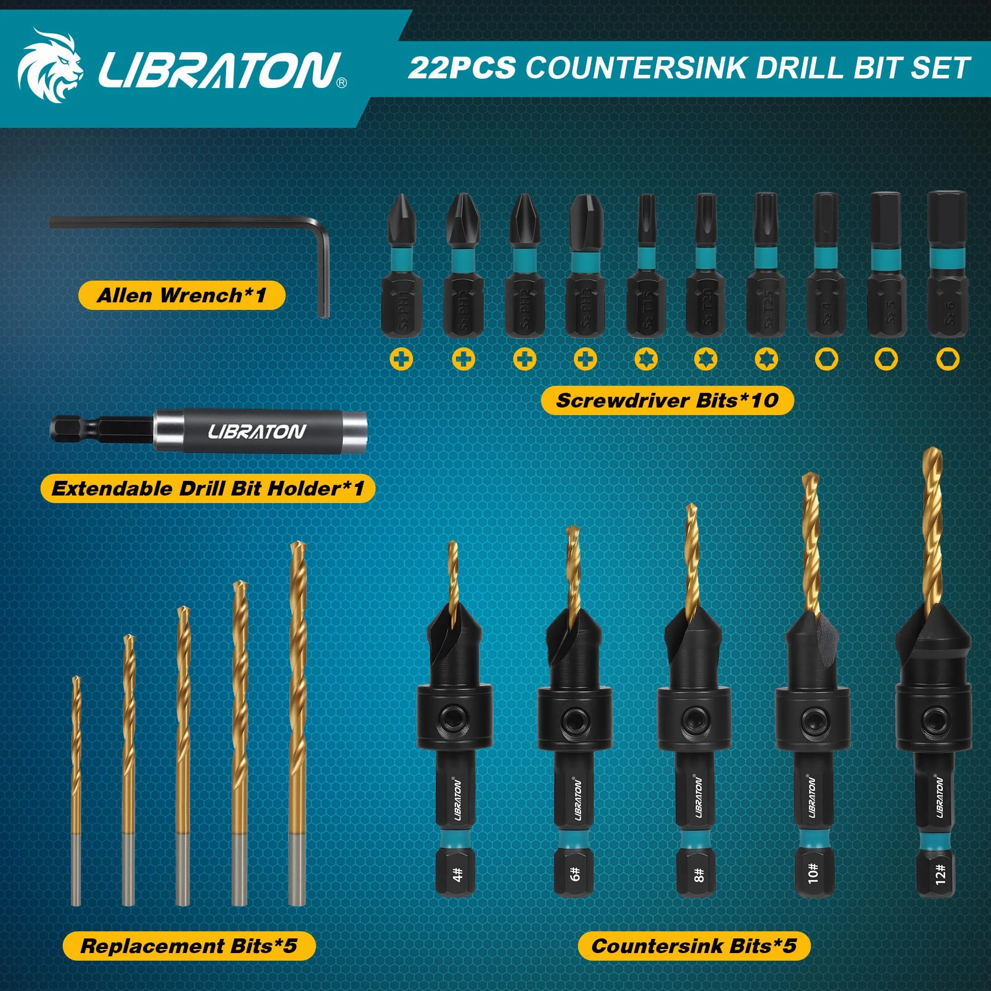 Libraton Ensemble de Forets Coniques, 22 Pièces Foret à Chanfreiner Ajustable, #4#6#8, #10#12, Porte-Embout Magnétique Extensible pour Travail du Bois, Embouts de Tournevis avec Boîte de Rangement