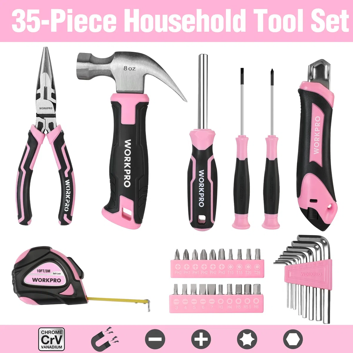 WORKPRO Caisse à Outils Rose 35 Pièces, Trousse à Outils avec Boîte de Rangement, Mallette Outils Rose pour Usage Domestique ou Petits Travaux | Trousse à Outils avec Boîte de Rangement, Mallette Outils Rose pour Usage Domestique ou Petits Travaux