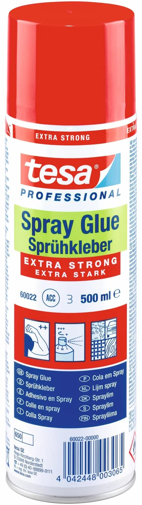 tesa Colle en Spray Extra Forte Professionnelle – Collage Permanent pour Tous Types de Matériaux (Caoutchouc, Tissus, Cuir, etc.) – Sans Silicone – 500 ml