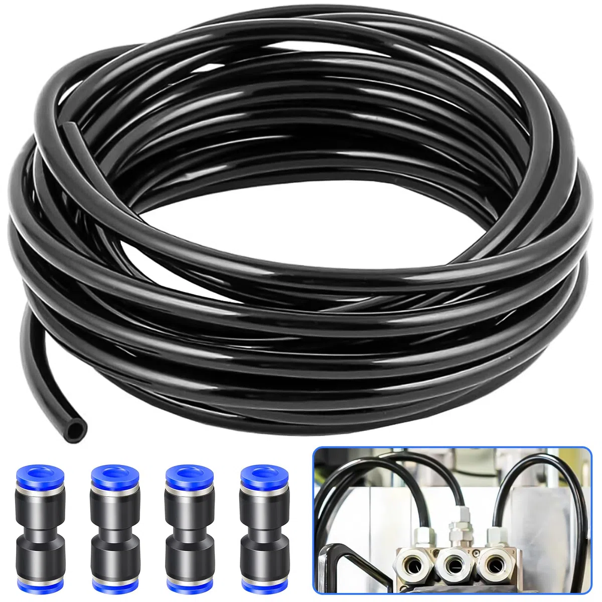 20m Tuyau Pneumatique, Tuyau Pneumatique 6mm avec 4 Connecteurs Pneumatiques, pour Equipements Pneumatiques, Industriels et Domestiques (Noir)