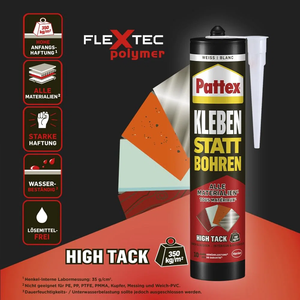 Pattex Colle au lieu de percer High Tack, colle de montage et colle de construction à haute adhérence initiale, colle forte pour presque toutes les surfaces, colle polyvalente flexible, cartouche de