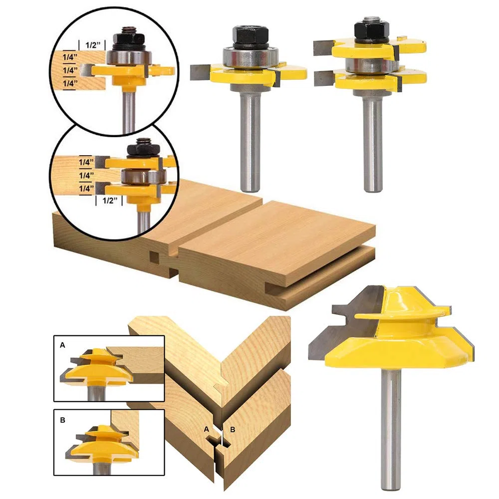 ASNOMY 45 Degrés Verrouiller Mitre Routeur Bit + Mèche de Langue + Fraise à Rainurer [ 8mm manche], percussion à rainure et à languette Fraise à Bois pour Outils de Menuiserie