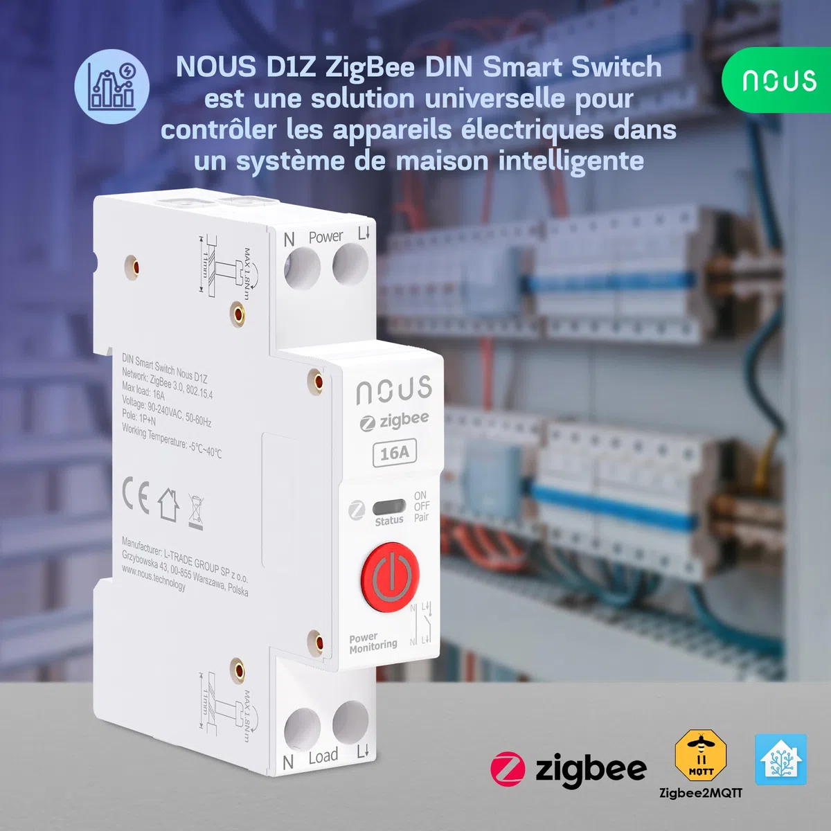 Nous Interrupteur Zigbee DIN, 16A Interrupteur Intelligent Avec Surveillance Énergétique, Compatible Avec Zigbee2MQTT, Home Assistant, Alexa et Google Home, Contrôle des applications, Contrôle vocal