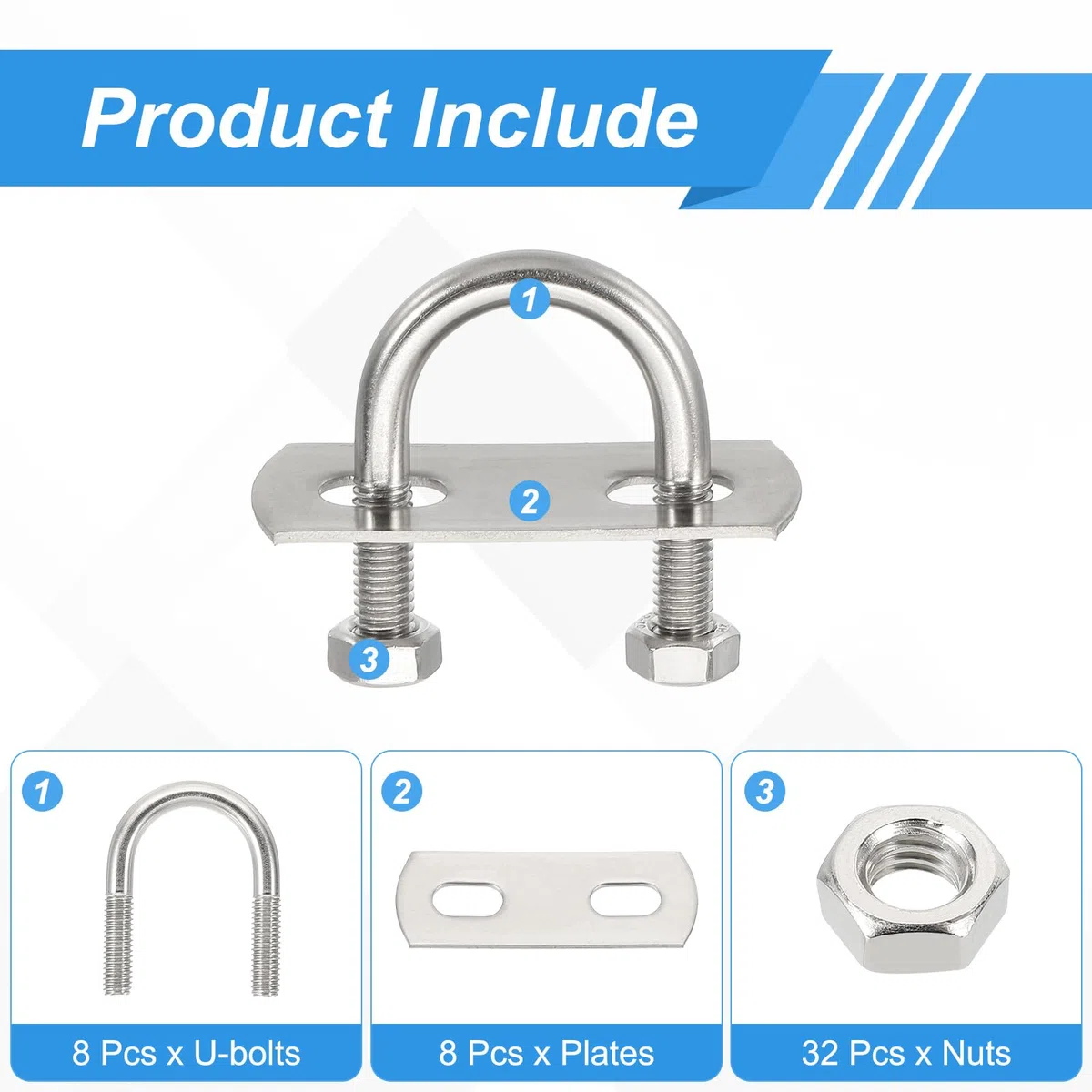 sourcing map Lot de 8 boulons en U M6 de 18 mm de largeur intérieure de 37 mm de long en acier inoxydable 304 avec écrous et plaques pour bateau de ski, bateau de pêche