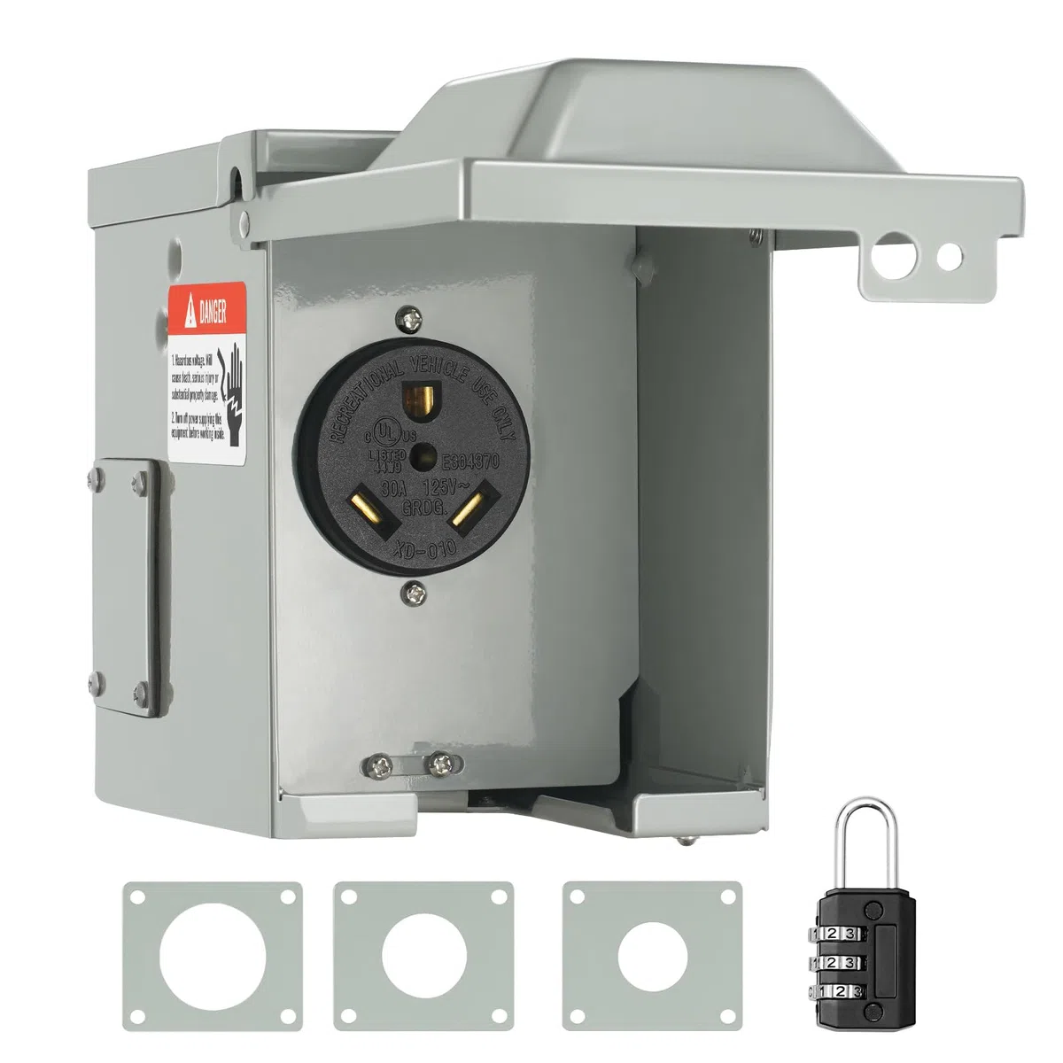 VEVOR Boîte de prise de courant 30 A pour camping-car, 125/250 V, fermée verrouillable, panneau électrique NEMA TT-30R résistant aux intempéries, pour remorque, voiture électrique, prise certifiée UL