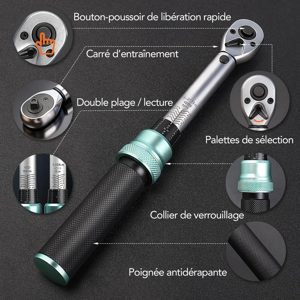 Clé Dynamométrique 1/4" 1-25Nm pour Vélo et Moto | Précision ±3% | Mécanisme à Clic Réversible 72 Dents | Kit d'Entretien avec Douilles Allen, Barre d'Extension, Adaptateurs