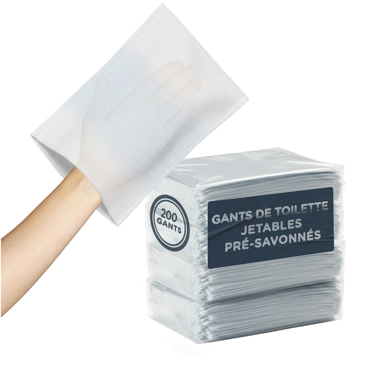 200x Gants de Toilette Jetables Pré-Savonnés - Gant Jetables Toilette pour Soins à Domicile, Patients Alités, Post-Opératoire ou Voyage - 4 Paquets de 50 Manchons Hygiéniques à Usage Unique