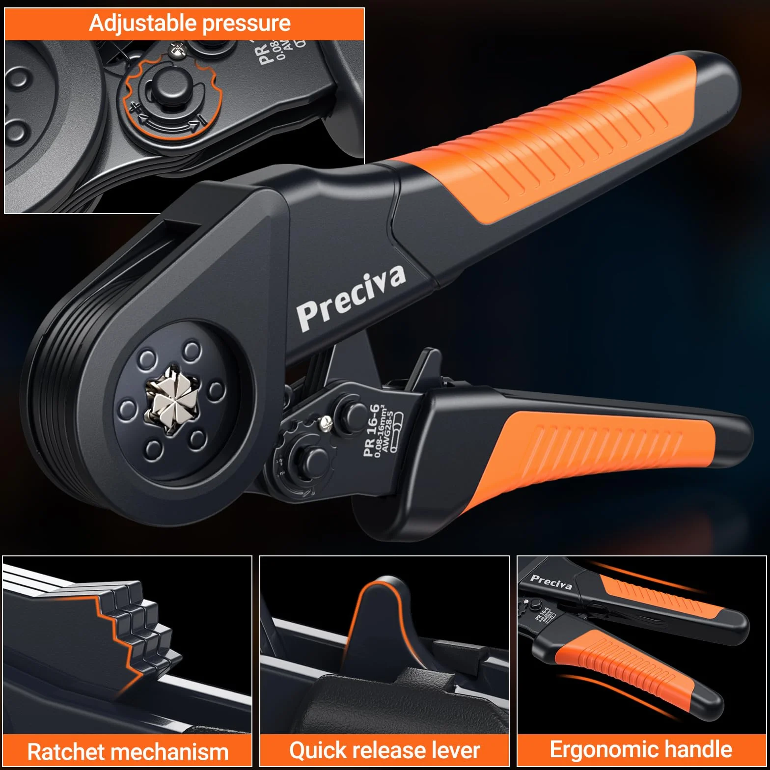 Preciva 0.08-16mm² Pince à Sertir - Pinces à Cliquet Auto-ajustable Hexagonales pour Cosses Electriques, Outils de Sertissage de Ferrules pour Terminaux Câbles Électrique