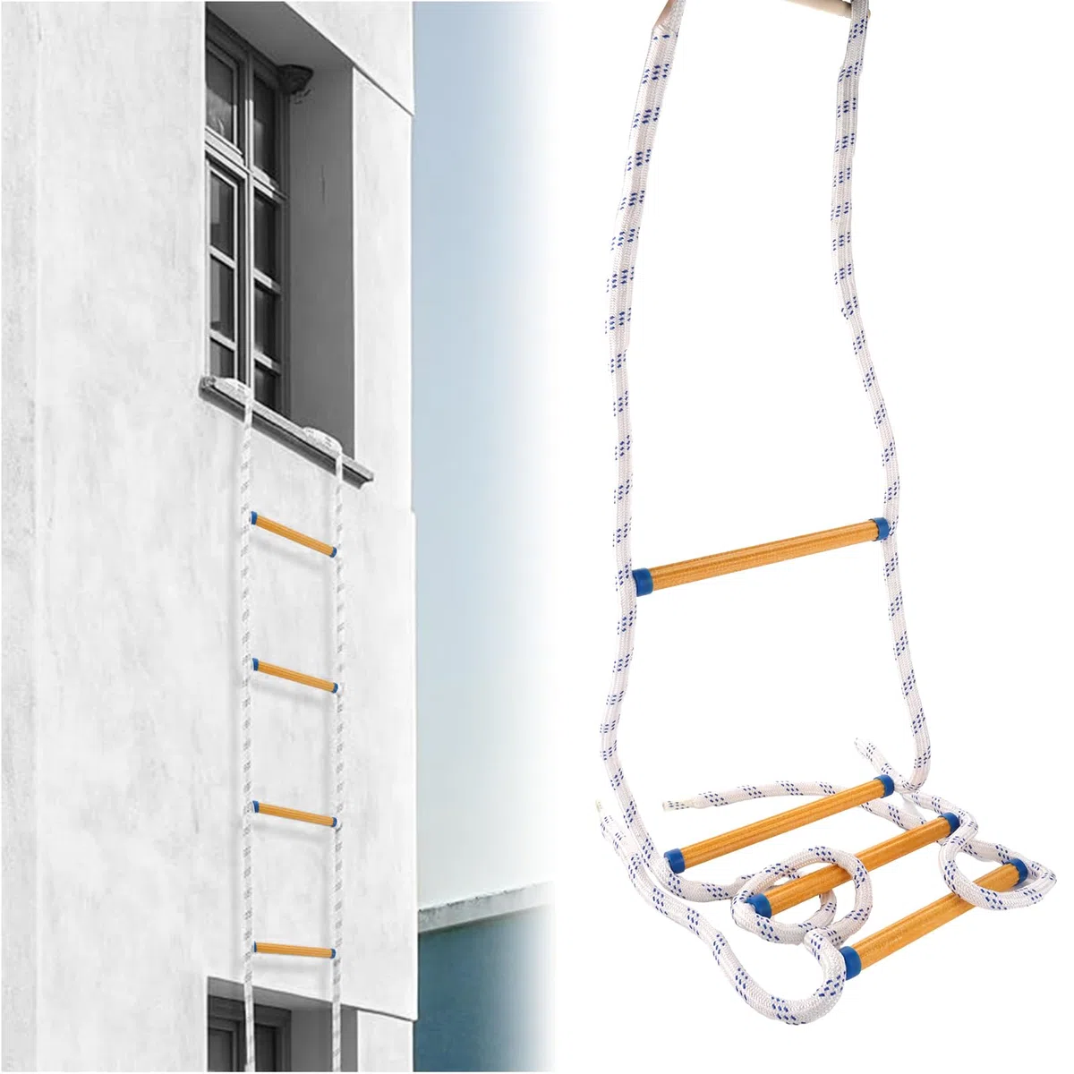 DAJAVE Échelle en tricot ignifuge - 2 m - Échelle de sécurité difficilement inflammable - Avec mousquetons - Pour extérieur, balcon, fenêtre - Capacité de charge jusqu'à 900 kg