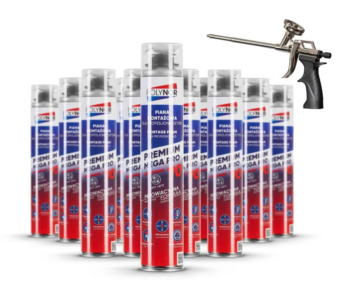 POLYNOR Mousse de montage PREMIUM MEGA PRO 70 - multisaison - Kit de 12 pièces + pistolet à mousse - étanchéification des interstices et des joints - PUR 70L - 850 ml