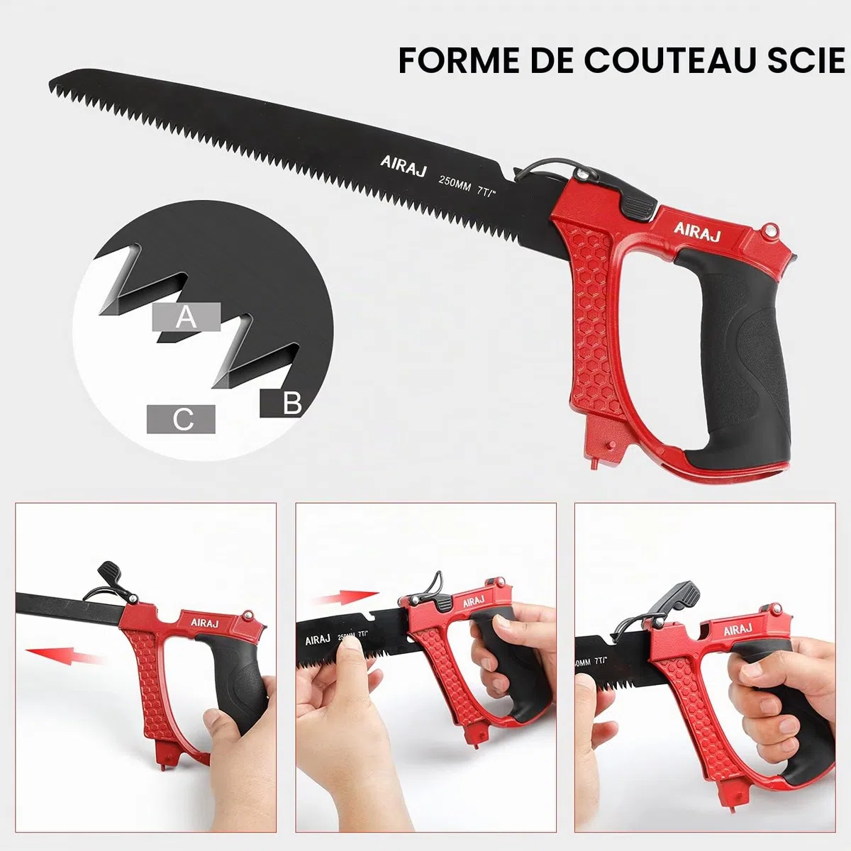 AIRAJ Scie À Métaux 300mm, Poignée Antidérapante, 9 Bandes De Scie De Rechange, Pour La Découpe De Tubes En Métal, Bois Et PVC