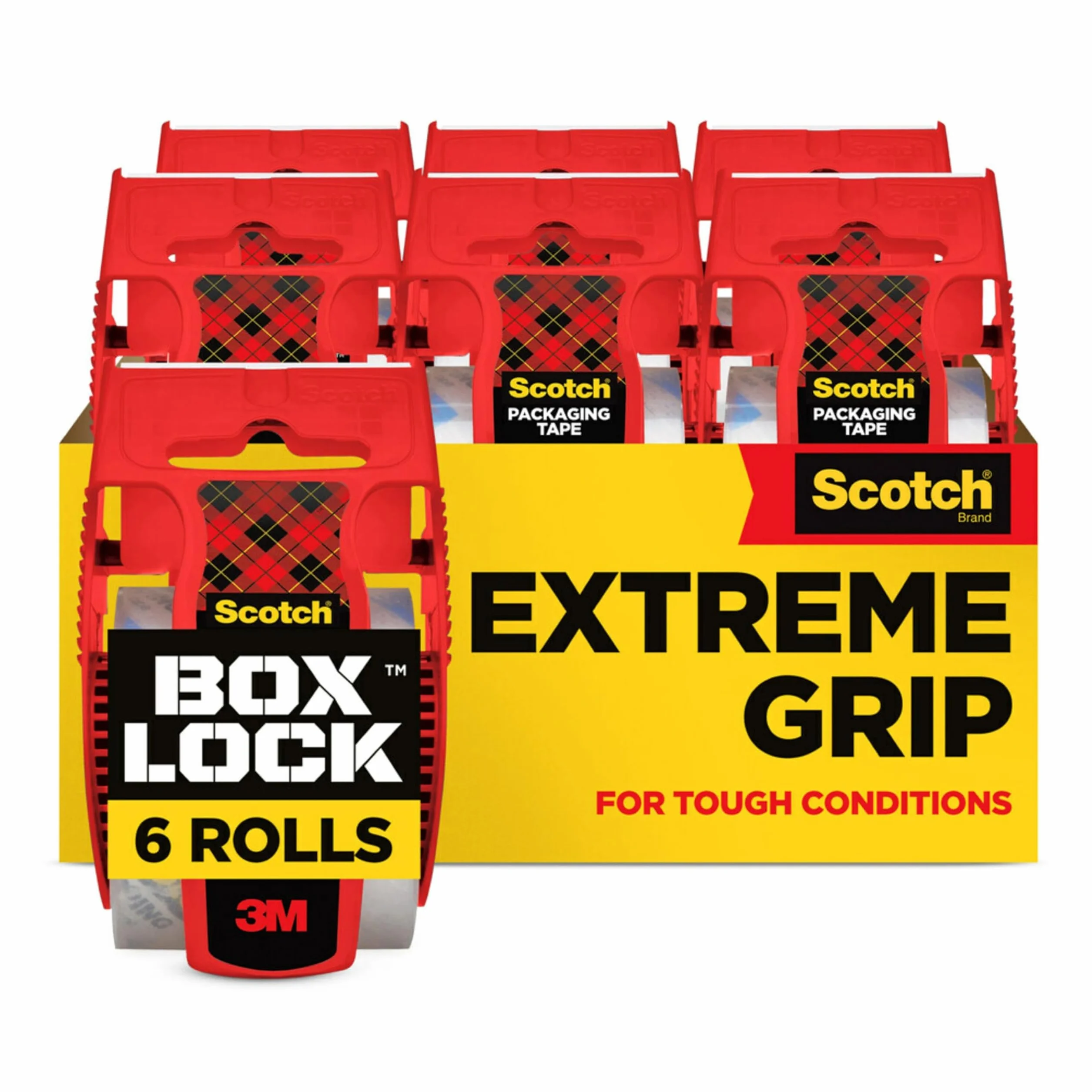 ScotchBox Lock Ruban d'emballage - 6 Rouleaux avec Dévidoirs, 48 mm x 20,3 m - Ruban d'expédition et d'emballage solide