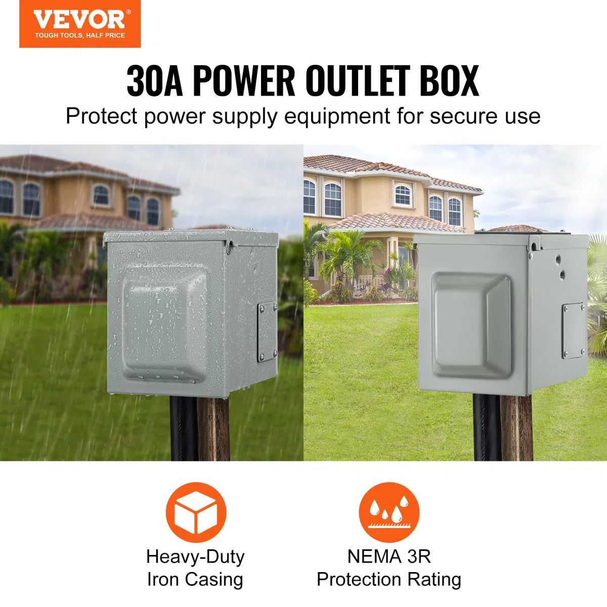VEVOR Boîte de prise de courant 30 A pour camping-car, 125/250 V, fermée verrouillable, panneau électrique NEMA TT-30R résistant aux intempéries, pour remorque, voiture électrique, prise certifiée UL
