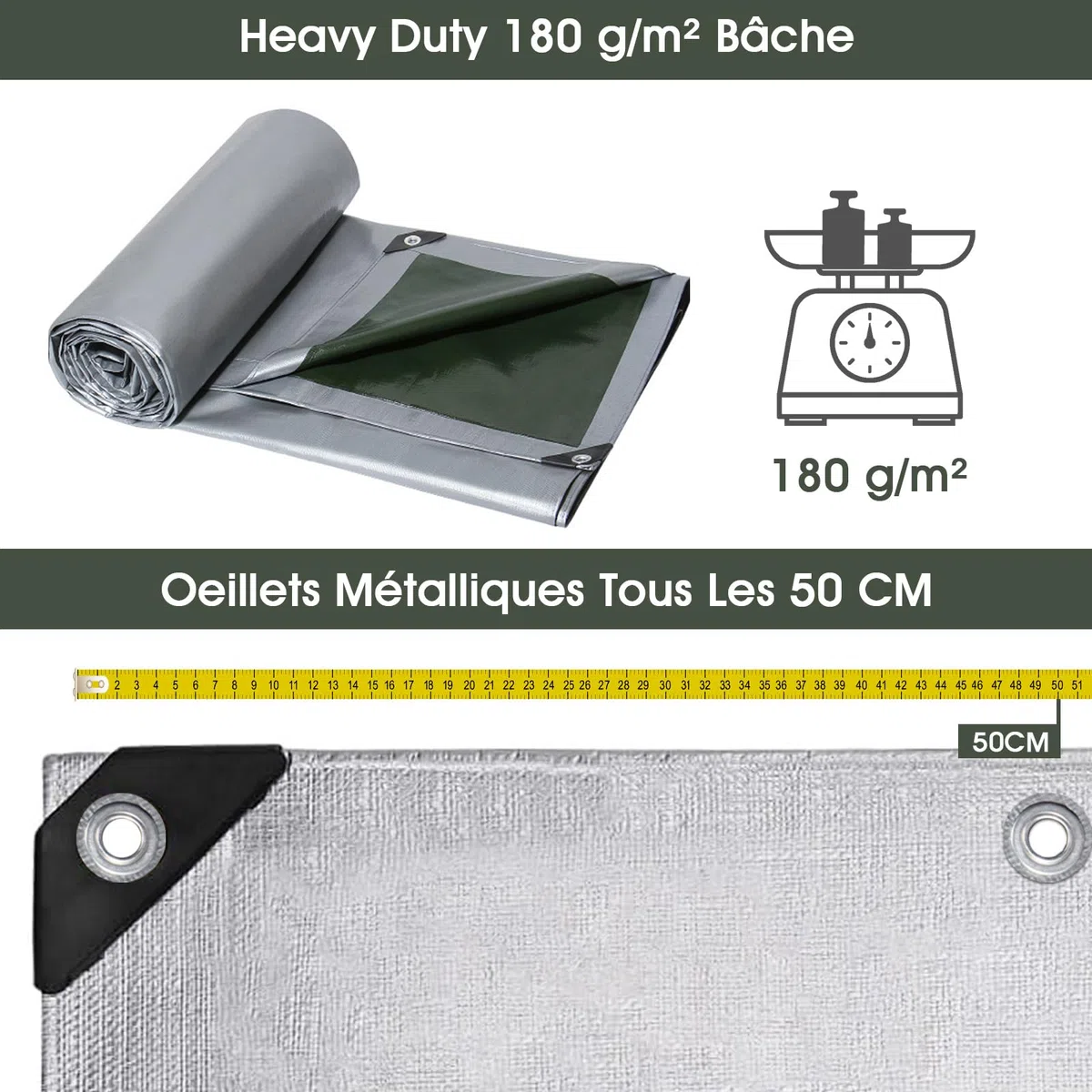 SHANNA Bâche de Protection Exterieur avec Oeillets, 2x3m 180 g/m² PE Bâche Voiture Piscine, Imperméable Résistante aux Déchirures UV Intempéries, Bâches Multiusage pour Meubles de Jardin, Vert Argenté
