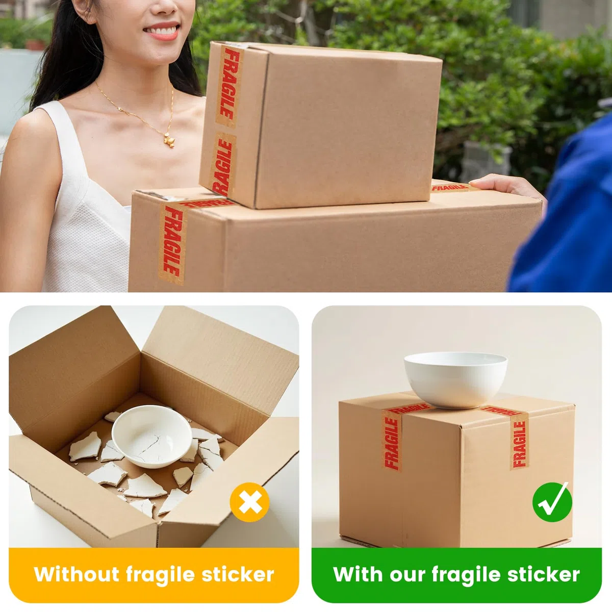 ADHES 3rolls Ruban Adhésif Fragile pour boîtes ruban Kraft brun entièrement recyclable pour un emballage en papier écologique robuste pour les déménagements et les objets fragiles