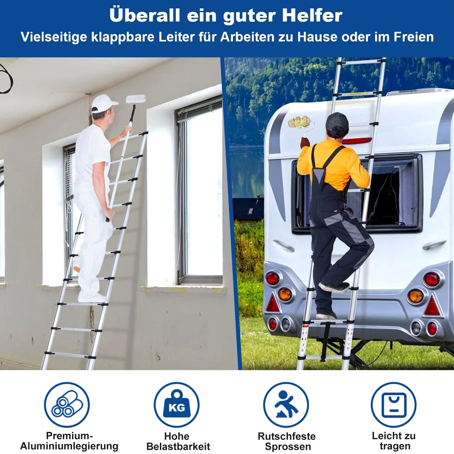 Échelle télescopique en aluminium 3,8 m, échelle extensible avec stabilisateur, échelle en aluminium antidérapante, échelle multifonction extensible, capacité de charge de 150 kg