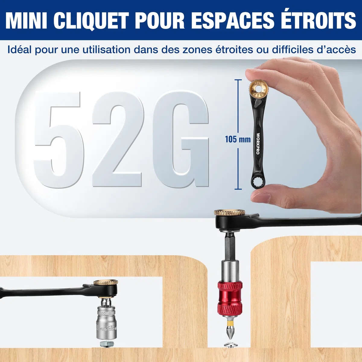 WORKPRO Coffret Douilles et Embouts 34 Pièces, Mini Clé à Cliquet 1/4" Double Tête 3-en-1, Embouts de Tournevis en Acier S2, Porte-Embout Magnétique et Adaptateur, Outils de Réparation pour Voitures