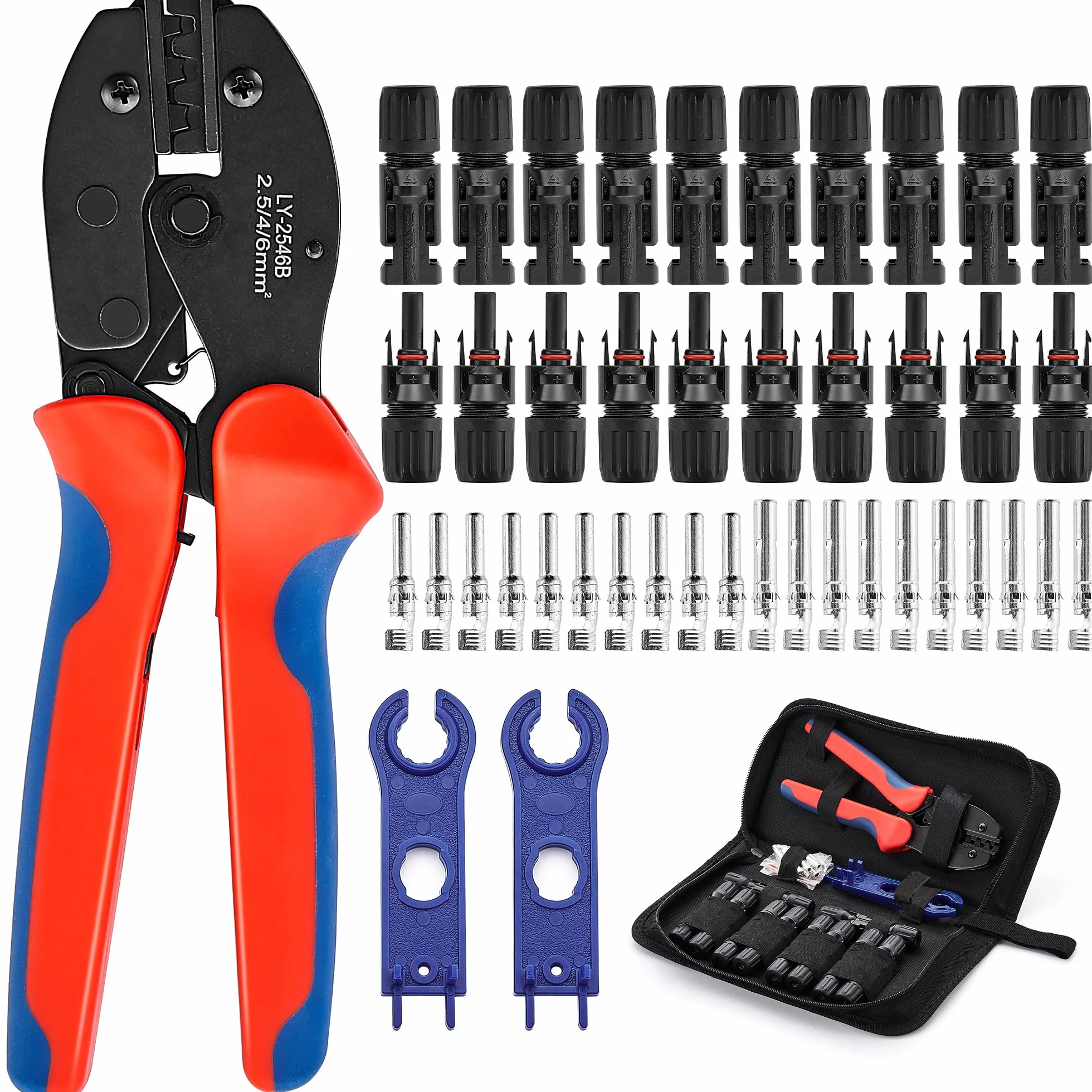 Pince à Sertir, Outils de Sertissage Solaires Pour 2,5/4/6 mm² Solaire Cable avec 10 Paires de Connecteurs Solaires, Pince a Sertir, 2 Clés, pour l'assemblage des Câbles des Panneaux Solaires