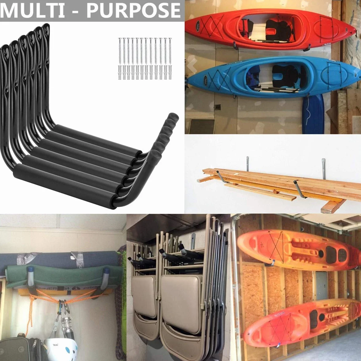 Crochets Robustes de Rangement Dans le Garage, Support de Kayak à Bras Jumbo de 15 Pouces, 6 Cintres de Canoë à Montage Mural