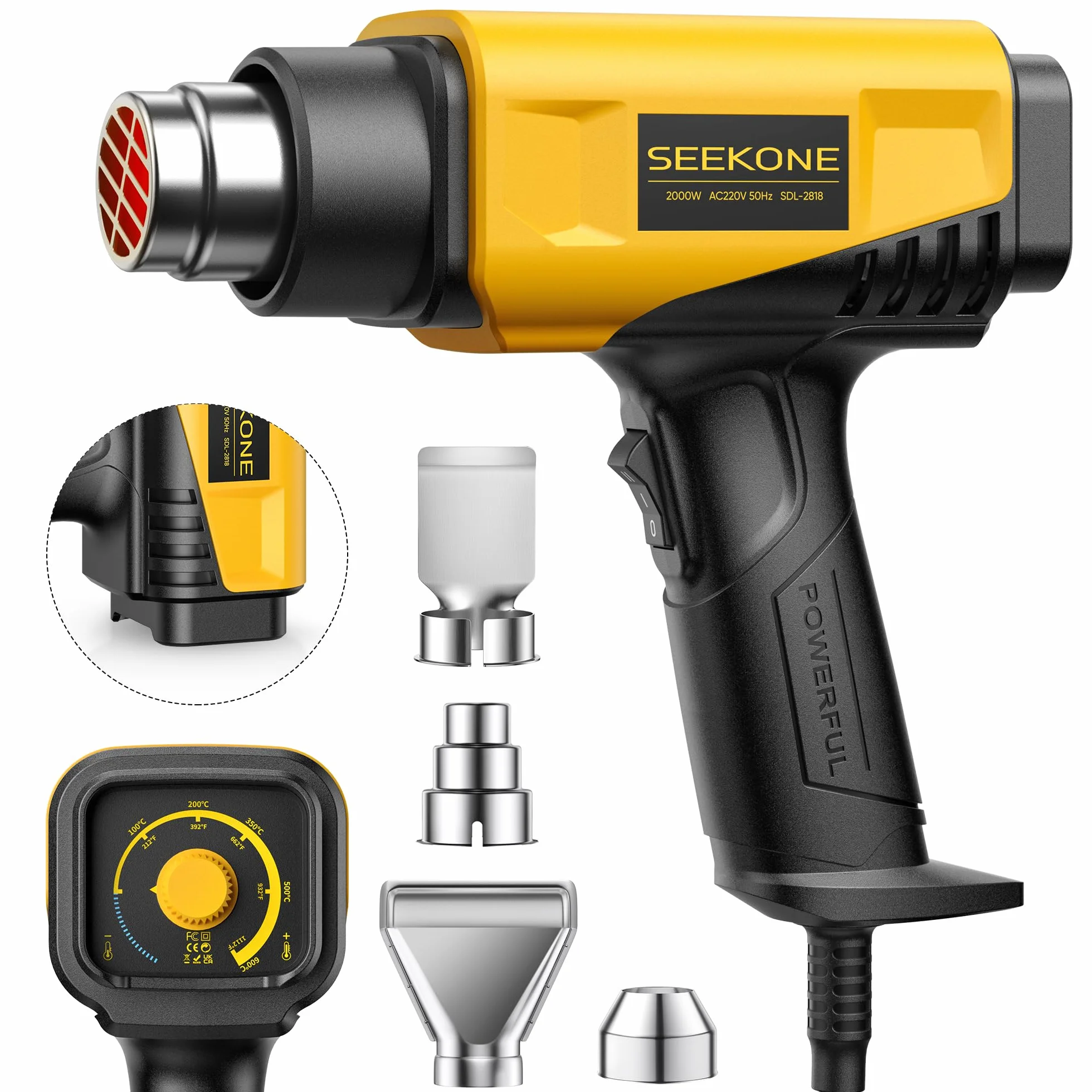 SEEKONE Decapeur Thermique 2000W Design Compact Pistolet à Air Chaud Robuste Contrôle de Température Variable 50-600℃ 1,5S Chauffage Rapide avec 4 Buses pour Travaux Manuels, Film Vinyle