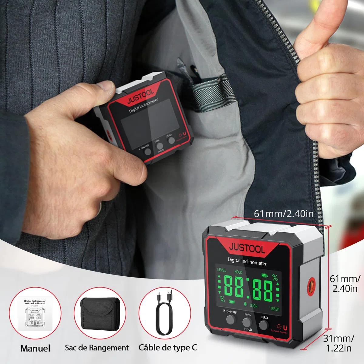 JUSTOOL 4 * 90° Inclinomètre Rapporteur LCD Numérique Inclinomètre Jauge D’angle Laser Niveau à Bulle IP54 Boîte de Niveau étanche Boîte de Nivellement Magnétique à 4 Côtés Boîte Biseautée | Inclinomètre numérique avec 4 aimants latéraux, écran LCD rétroé