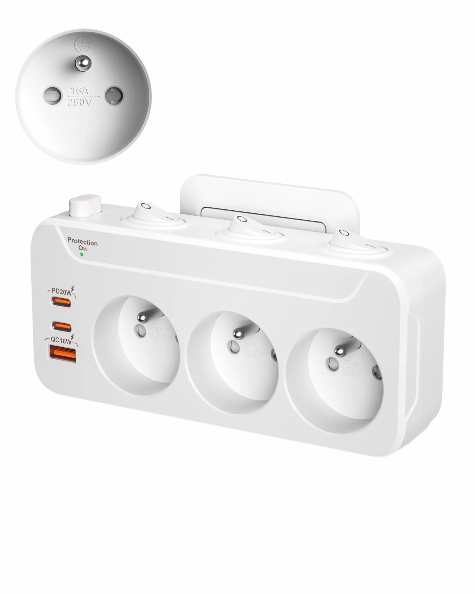 Prise Multiple USB C,Multiprise Murale 3 Prises Française avec Charge PD20W | Multiprise Parafoudre et Surtension,Interrupteur Individuel,Triplite Electrique Prise Rotative Horizontale et Verticale,Blanc