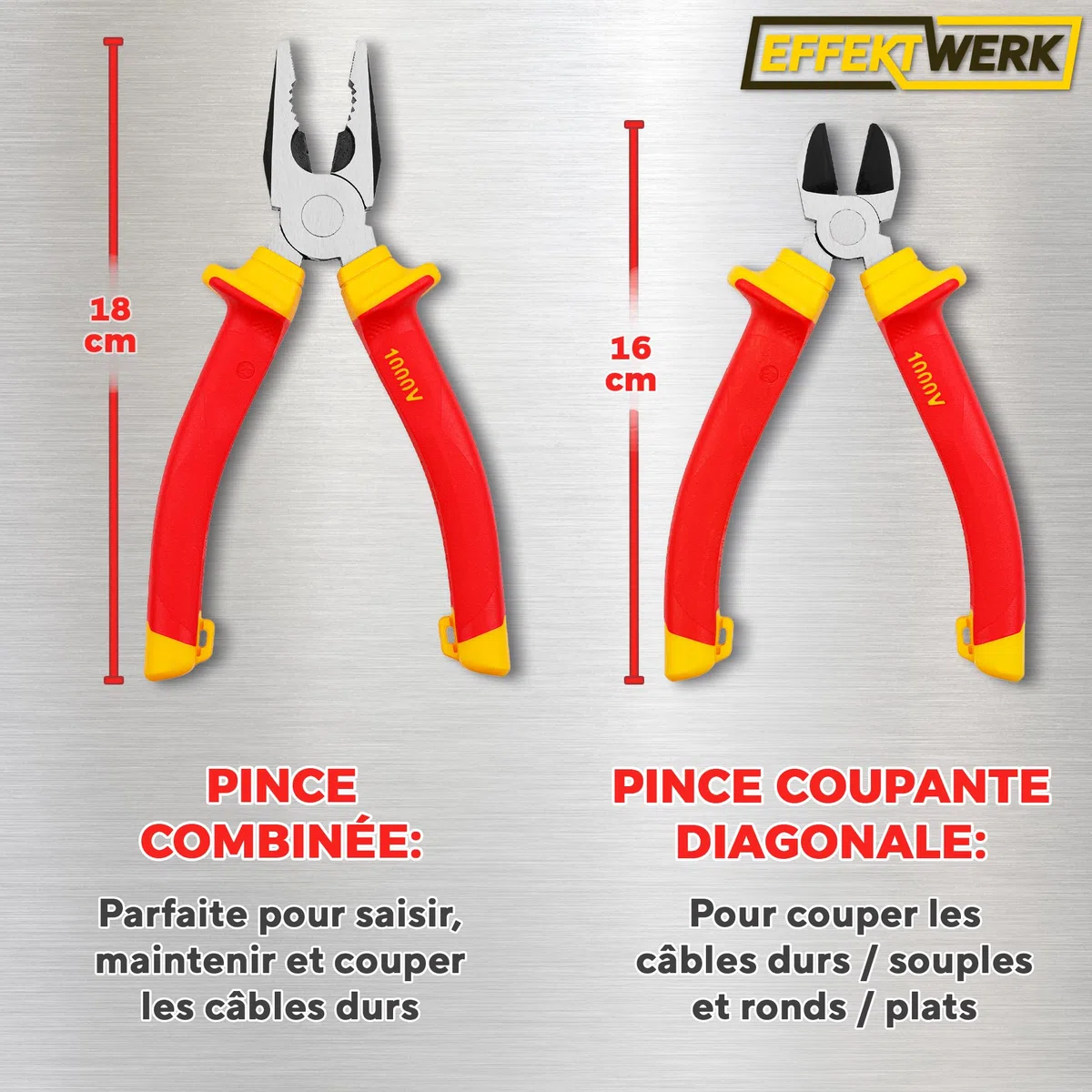 Jeu de 3 pinces pour électricien, isolées et testées VDE, combinées, longues/à bec aiguille et coupantes latérales/pinces coupantes diagonales