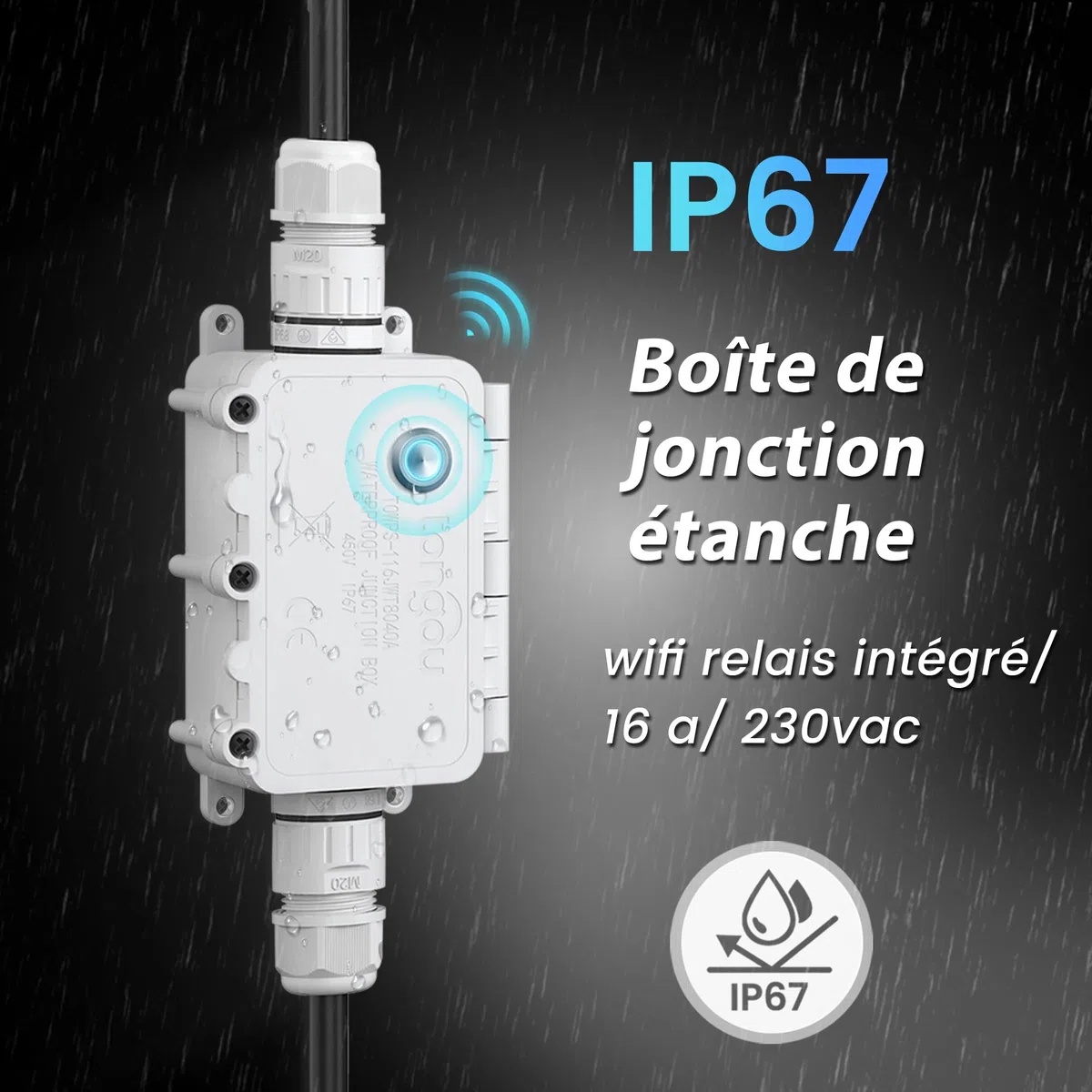 TONGOU Smart life - Interrupteur 1 ~ 16 A, télécommande Wi-Fi, contrôle vocal, IP67, boîte de dérivation étanche avec mesure de consommation d'énergie, protection contre les surcharges