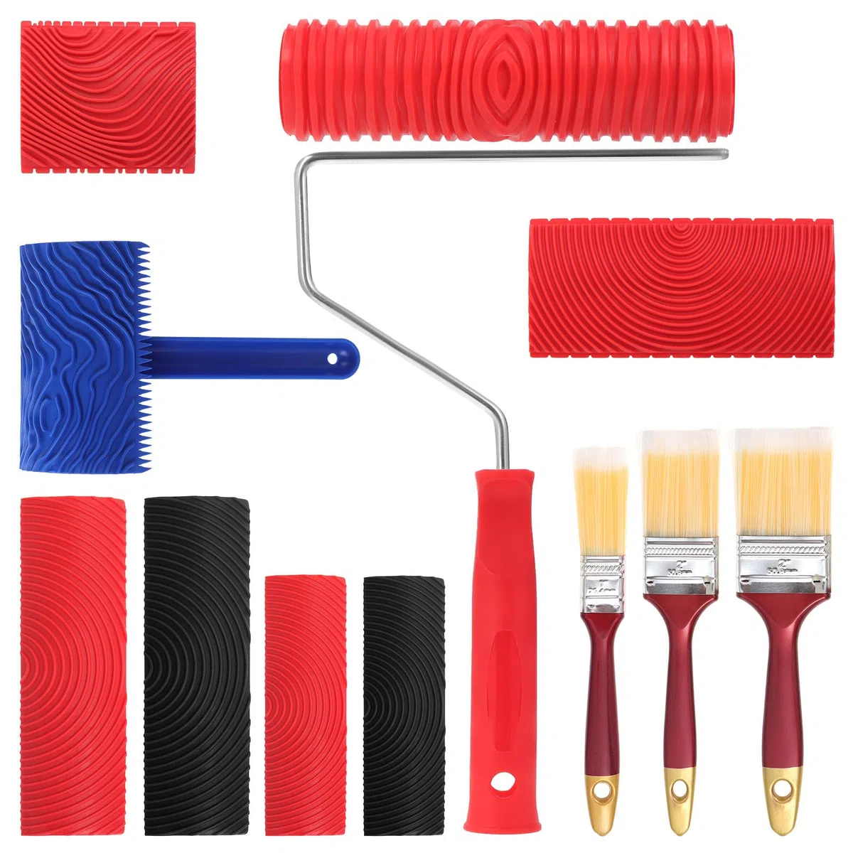 8PCS Outil de Grain de Bois en Caoutchouc et 3 Pinceaux de Peinture, Outils de Peinture pour Grain de Bois, Rouleau De Grain De Bois, Rouleaux de Peinture Imitation, Outils Motif Bois