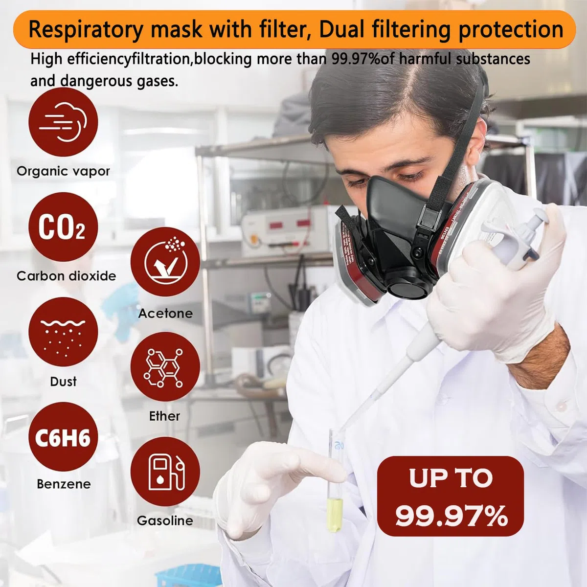 Masque de Protection Respiratoire Professionnel avec 22 Filtres Masque Anti-poussière Respiratoire Réutilisable Anti-gaz pour Peinture/Construction/Pulvérisation Chimique/Ponçage/Polissage, etc.