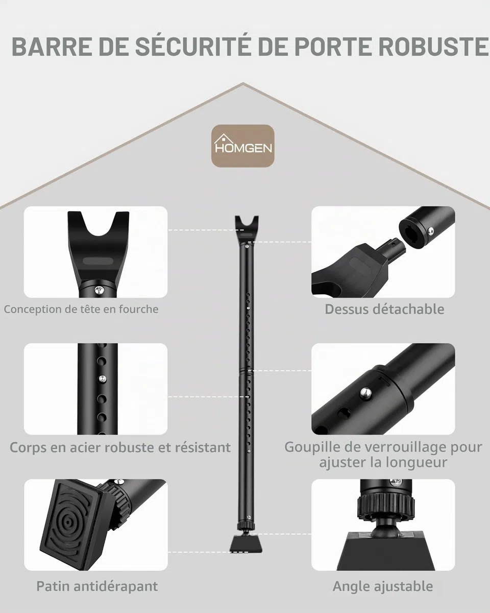 HOMGEN Barre de sécurité réglable pour porte coulissante, barre de verrouillage télescopique haute pour porte française, serrure de terrasse coulissante, noir