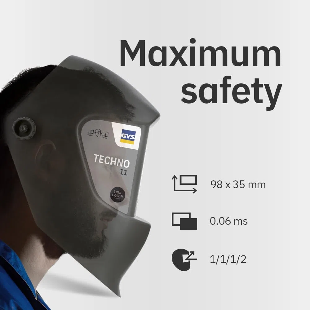 GYS, Masque de Soudage LCD TECHNO 11 True Color, Teinte 3/11, Champ de Vision 100x49mm, Assombrissement Auto 0,60ms, Classe Optique 1/1/1/1, pour MMA, TIG, MIG/MAG