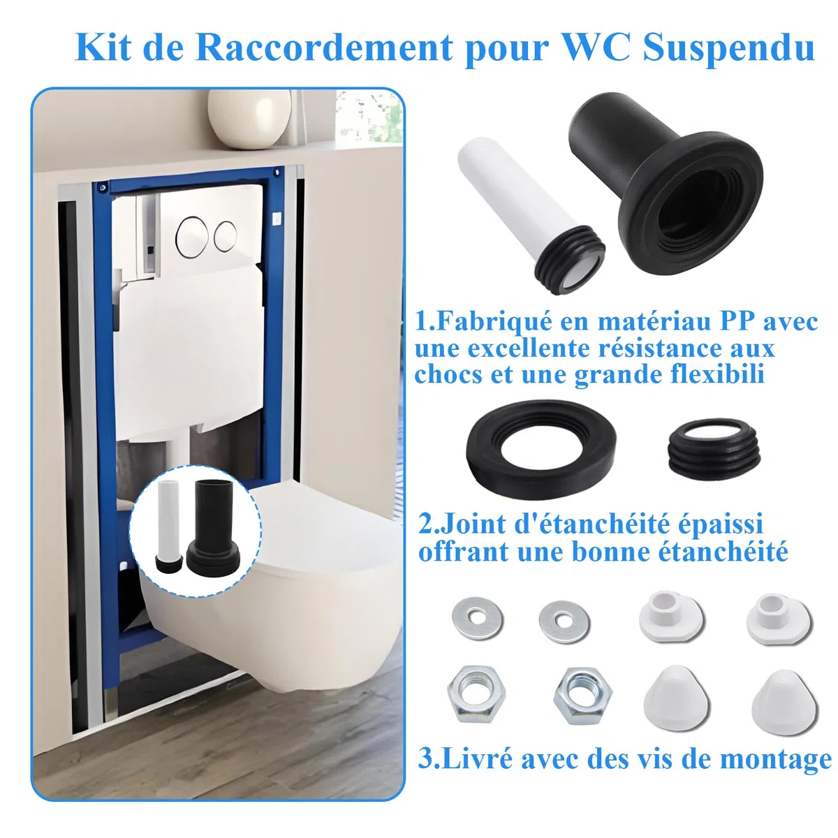 Kit de raccordement pour cuvette suspendue, compatible avec Geberit (152.426.46.1), comprenant un tuyau d'évacuation et un tuyau de remplissage, avec joints.