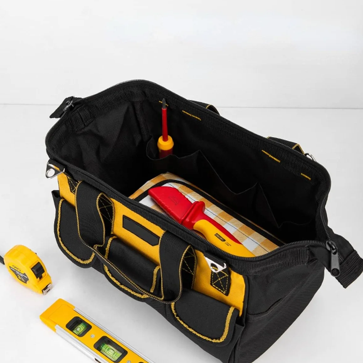 Sac à outils robuste, organiseur pour outils à main/électriques, avec bandoulière, fermeture éclair et base en caoutchouc résistant à l'usure, grande capacité, imperméable, rangement d'outils, etc.