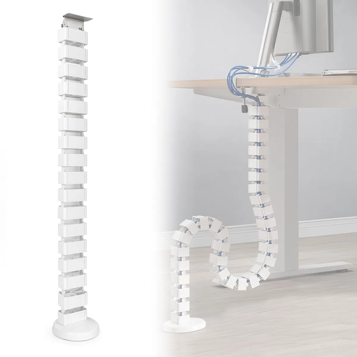 Guide-câble carré Flexible 130cm, Organisateur Rangement Fils chaîne Serpent, Accessoire Gestion câbles Bureau Hauteur Ajustable Couleur Blanc