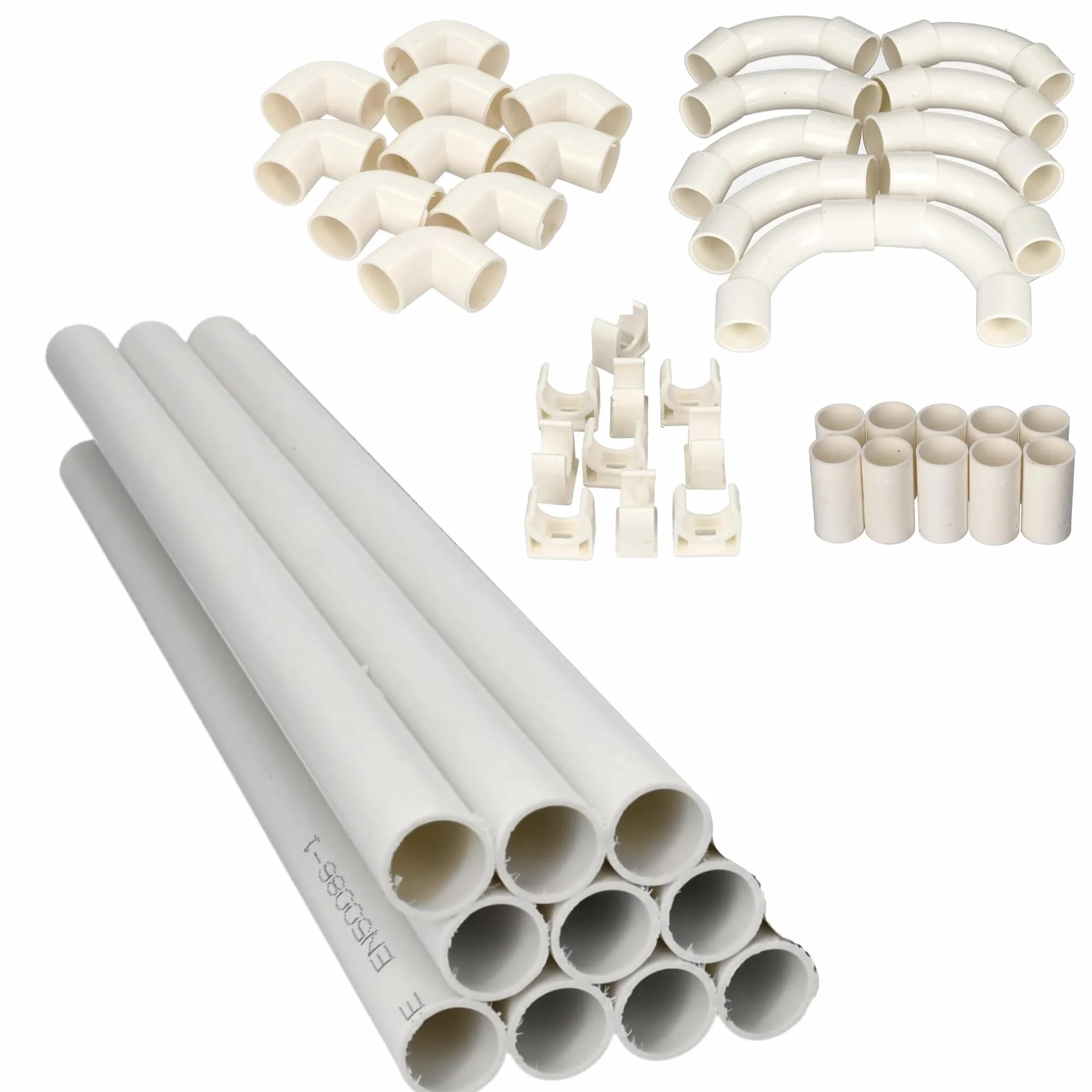 Jandei - Lot de 10 tubes pour câbles en PVC rigide blanc d'une longueur de 1 mètre. Diamètre 16 mm. Couverture de câble avec agrafes de fixation, coude à 90 degrés, manchons et courbures d'assemblage.