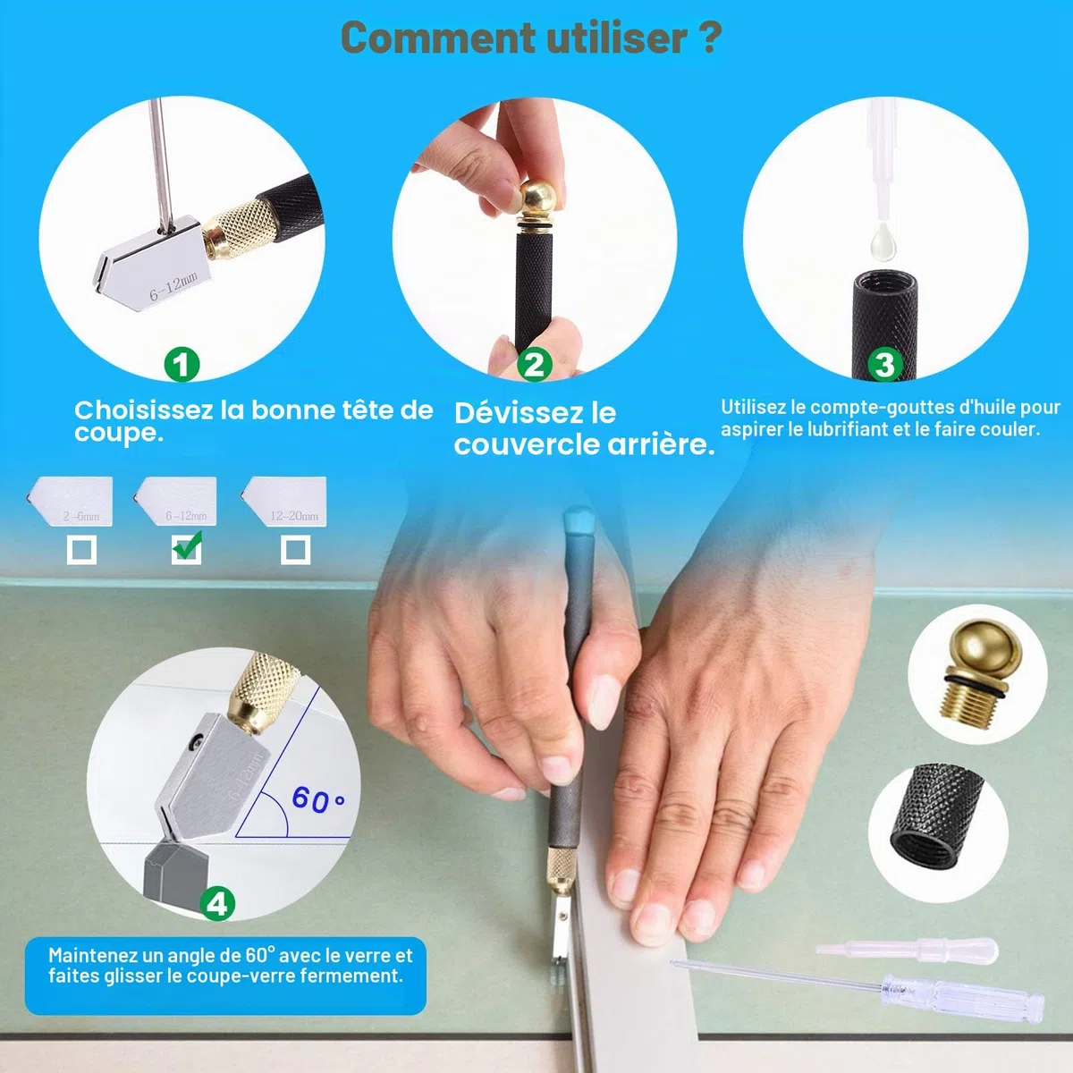 Glarks Ensemble de 4 pinces robustes pour verre courant - Pinces à briser et à tailler, pince coupe-verre et pointe en carbure alimentée à l'huile pour mosaïque et carreaux