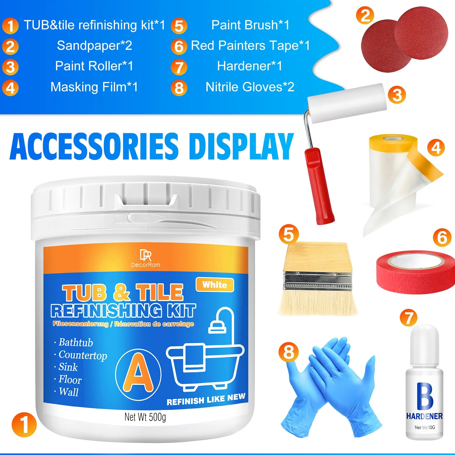 Peinture pour baignoire blanche 500 g, kit de rénovation de baignoire pour lavabos, peinture pour carrelage de salle de bain, receveurs de douche, résistante à l'eau et aux rayures avec outils