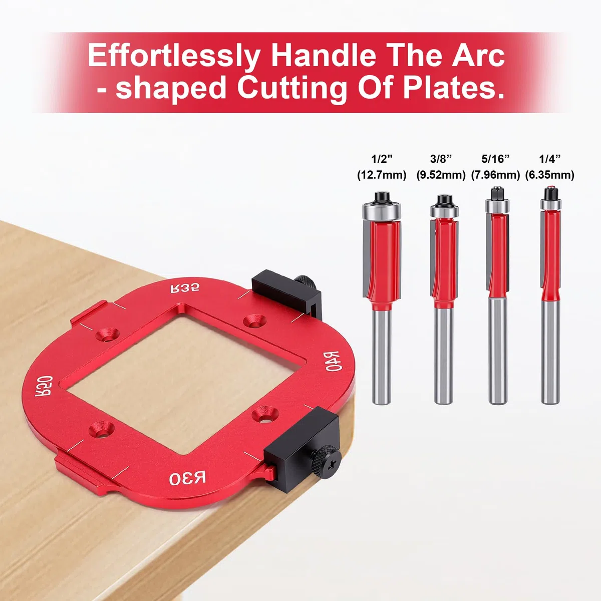 2 Pièces Gabarit Defonceuse a Bois, R10 R15 R20 R25 R30 R35 R40 R50 Gabarit de Toupie avec 4 Fraise Defonceuse, Gabarit de Défonceuse Cercle 4 en1 pour Bricolage du Bois
