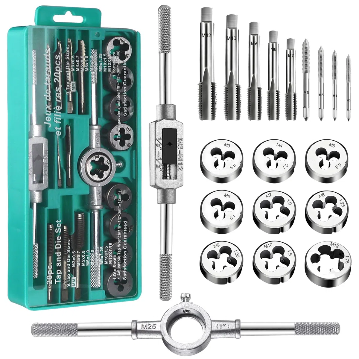 Kit Taraudage Coffret Taraud Tarauds et Filières Tourne a Gauche 20 Pcs Filiere Plomberie Tareaux et Filieres M3-M12 Porte Taraud Machine Tareau et Filiere Reparation Filetages Outils de Filetage