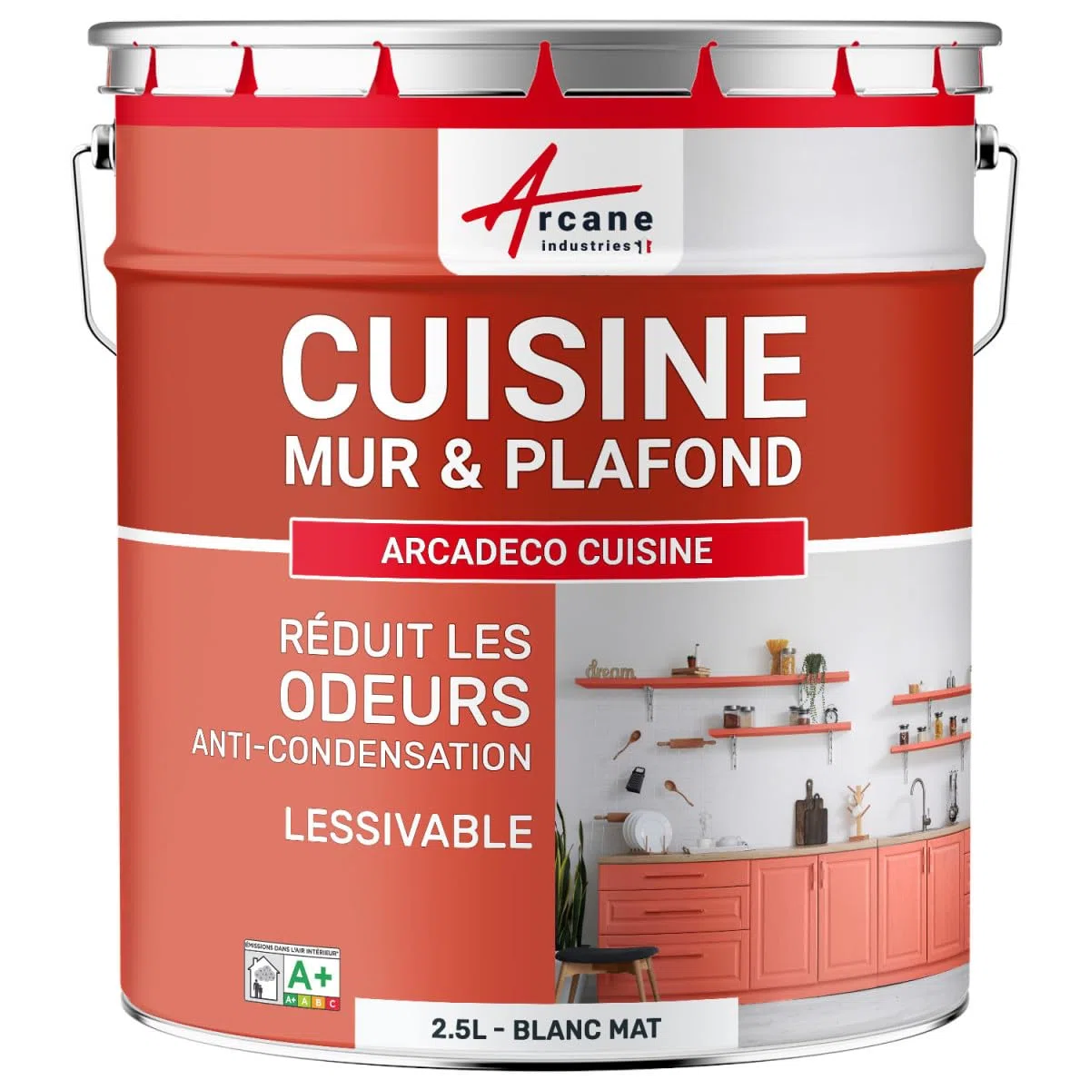ARCANE INDUSTRIES Peinture cusine lessivable Mur et Plafond | Peinture Anti Odeur & pièce Humide | 29 Couleurs Disponibles : Arcadéco Cuisine - 2.5 L Blanc