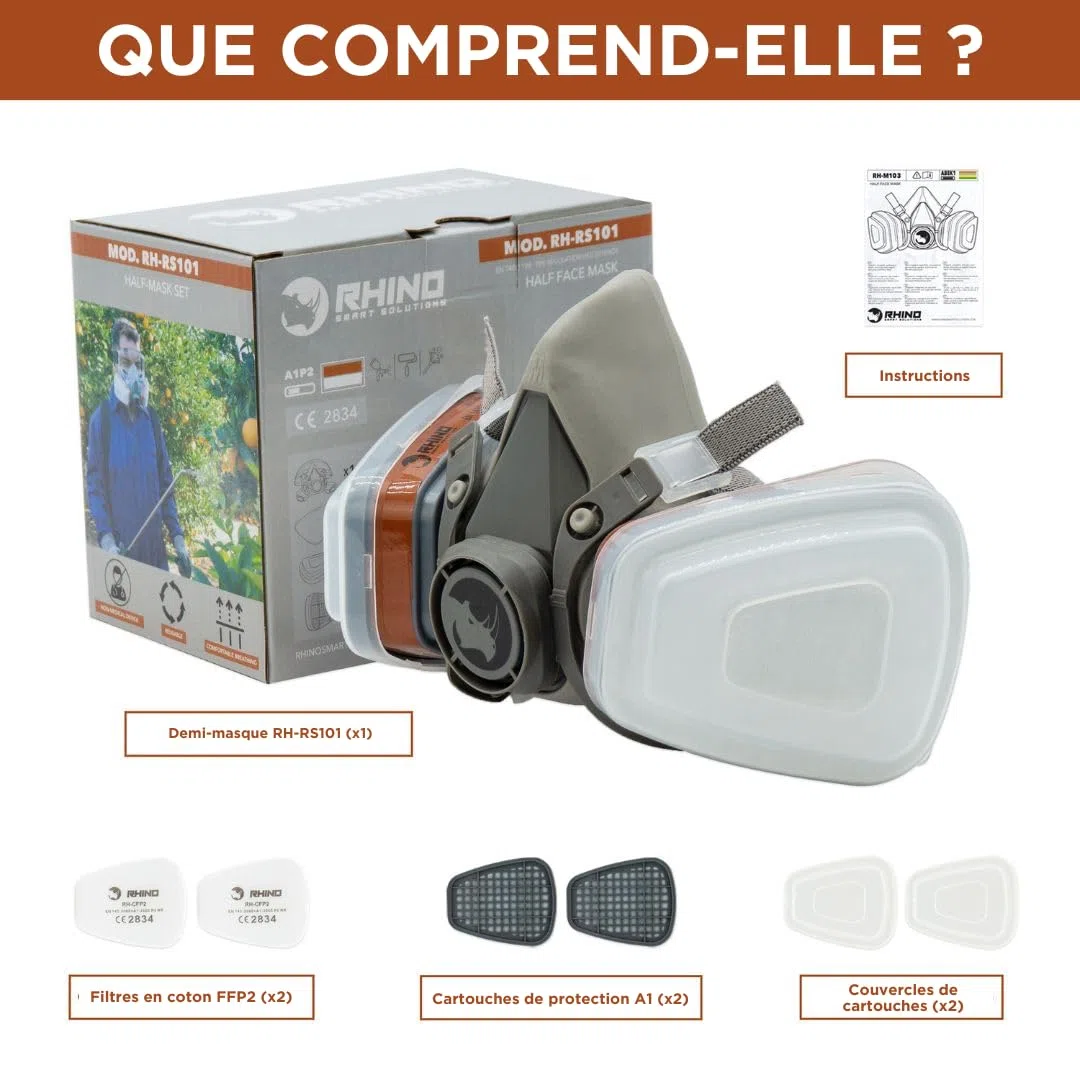 RHINO Housse de visage pour peinture, poussière, particules, produits chimiques, polissage machine vapeurs organiques, pollen et produits chimiques avec filtres cotons